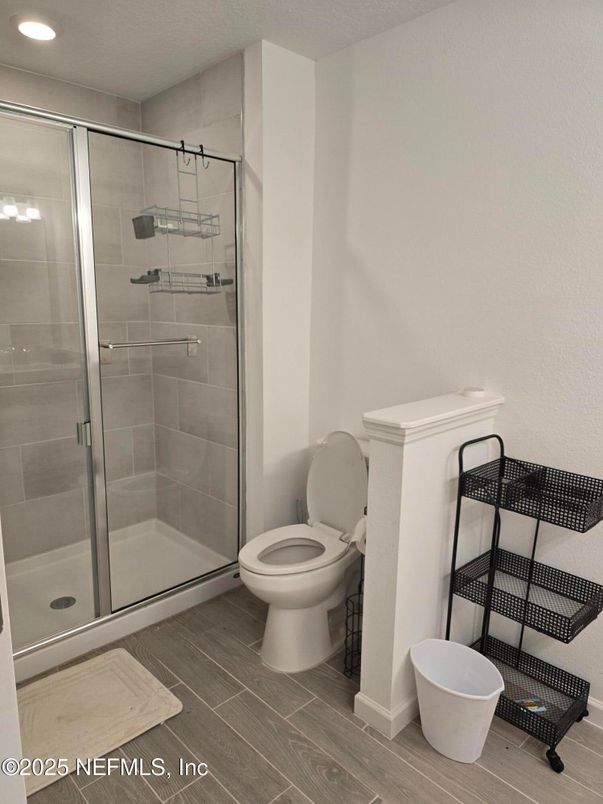 Bathroom, Glass Shower, Interior, Recessed Lighting, Wood Texture Flooring