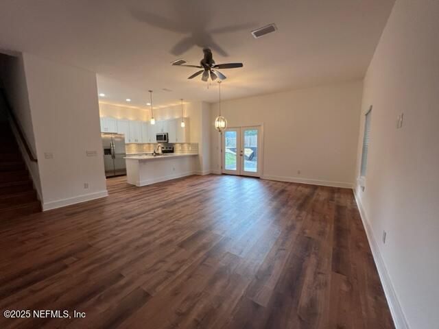 Empty room, Interior, Kitchen, Pendant Lights, Recessed Lighting, Wood Texture Flooring