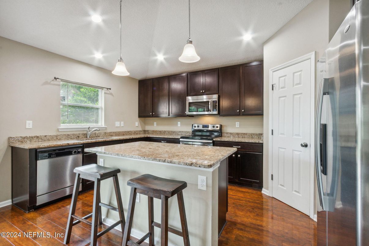Interior, Kitchen, Pendant Lights, Recessed Lighting, Stainless Steel Appliances, Wood Texture Flooring