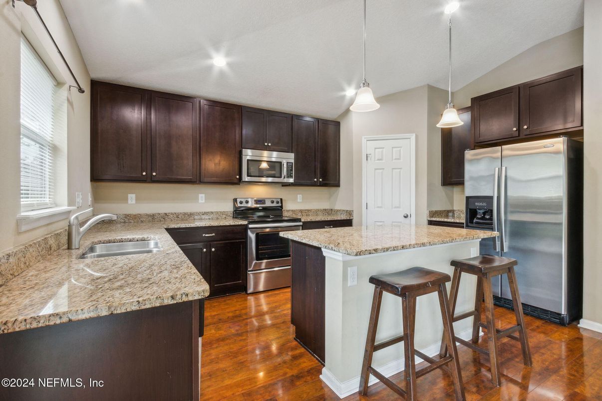 Interior, Kitchen, Pendant Lights, Recessed Lighting, Stainless Steel Appliances, Wood Texture Flooring
