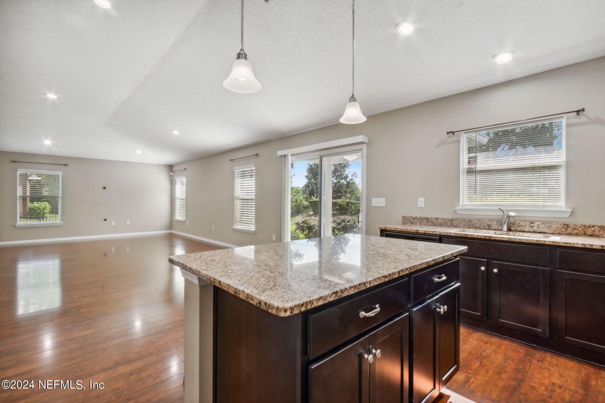 Empty room, Interior, Kitchen, Pendant Lights, Recessed Lighting, Wood Texture Flooring