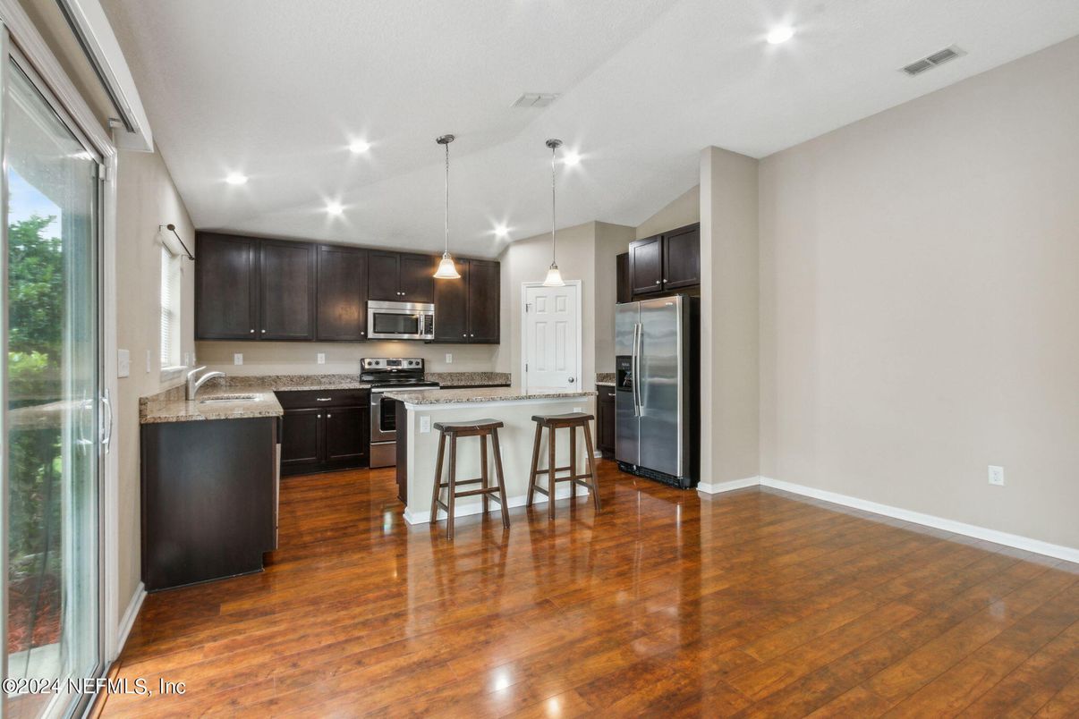 Interior, Kitchen, Pendant Lights, Recessed Lighting, Stainless Steel Appliances, Wood Texture Flooring