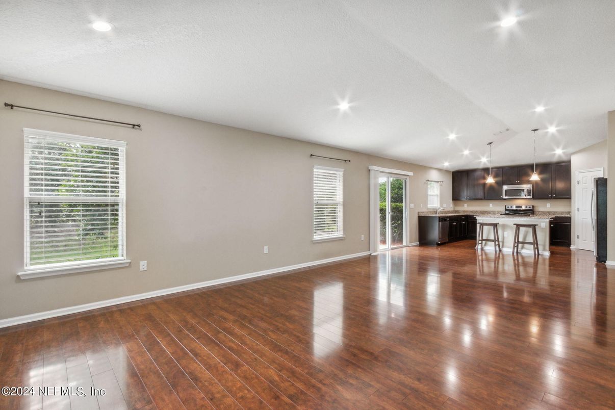 Empty room, Interior, Kitchen, Pendant Lights, Recessed Lighting, Wood Texture Flooring