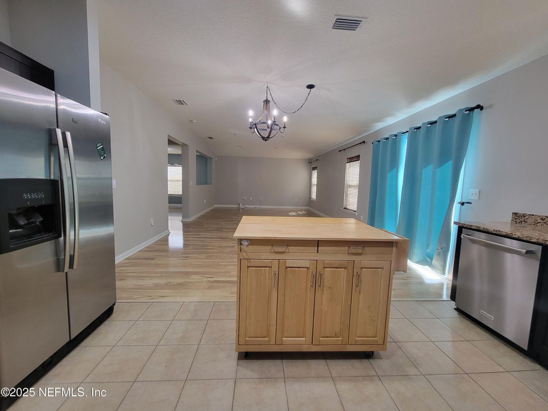 Chandelier, Interior, Kitchen, Stainless Steel Appliances, Wood Texture Flooring