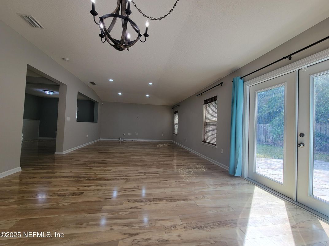 Chandelier, Empty room, Interior, Marble, Recessed Lighting, Wood Texture Flooring