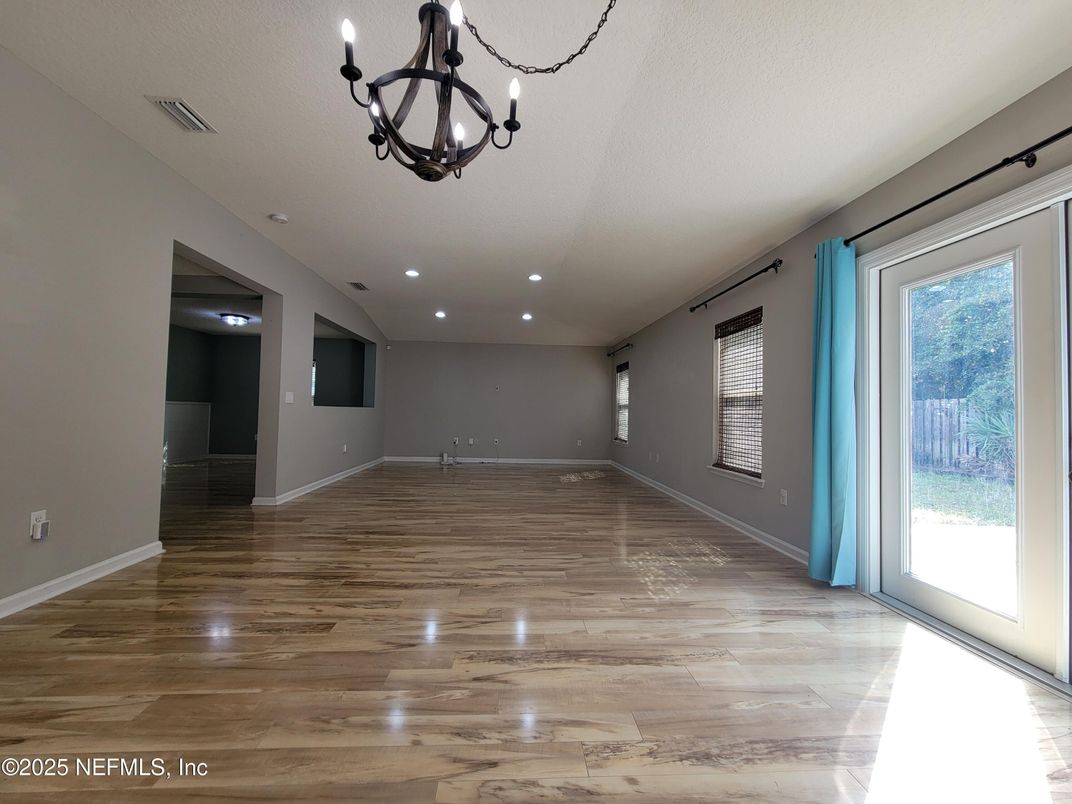Chandelier, Empty room, Interior, Recessed Lighting, Wood Texture Flooring