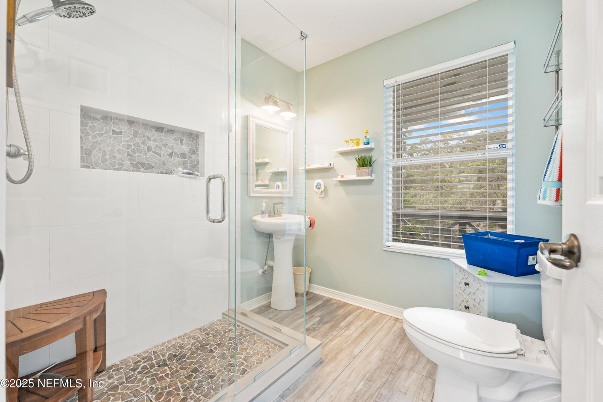 Bathroom, Glass Shower, Interior, Wood Texture Flooring