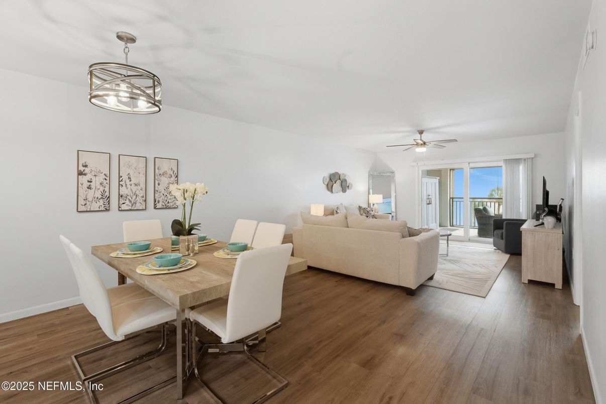 Dining room, Interior, Living room, Pendant Lights, Wood Texture Flooring