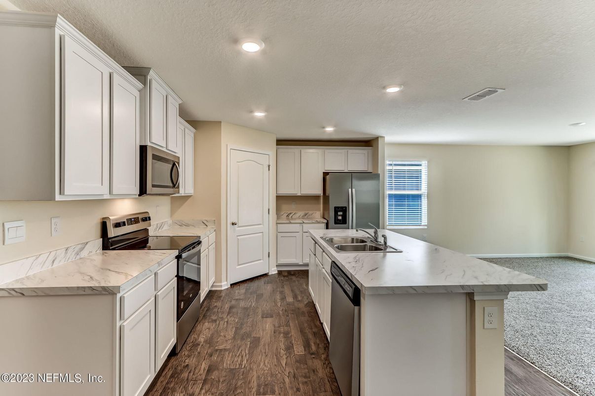 Interior, Kitchen, Recessed Lighting, Stainless Steel Appliances, Wood Texture Flooring