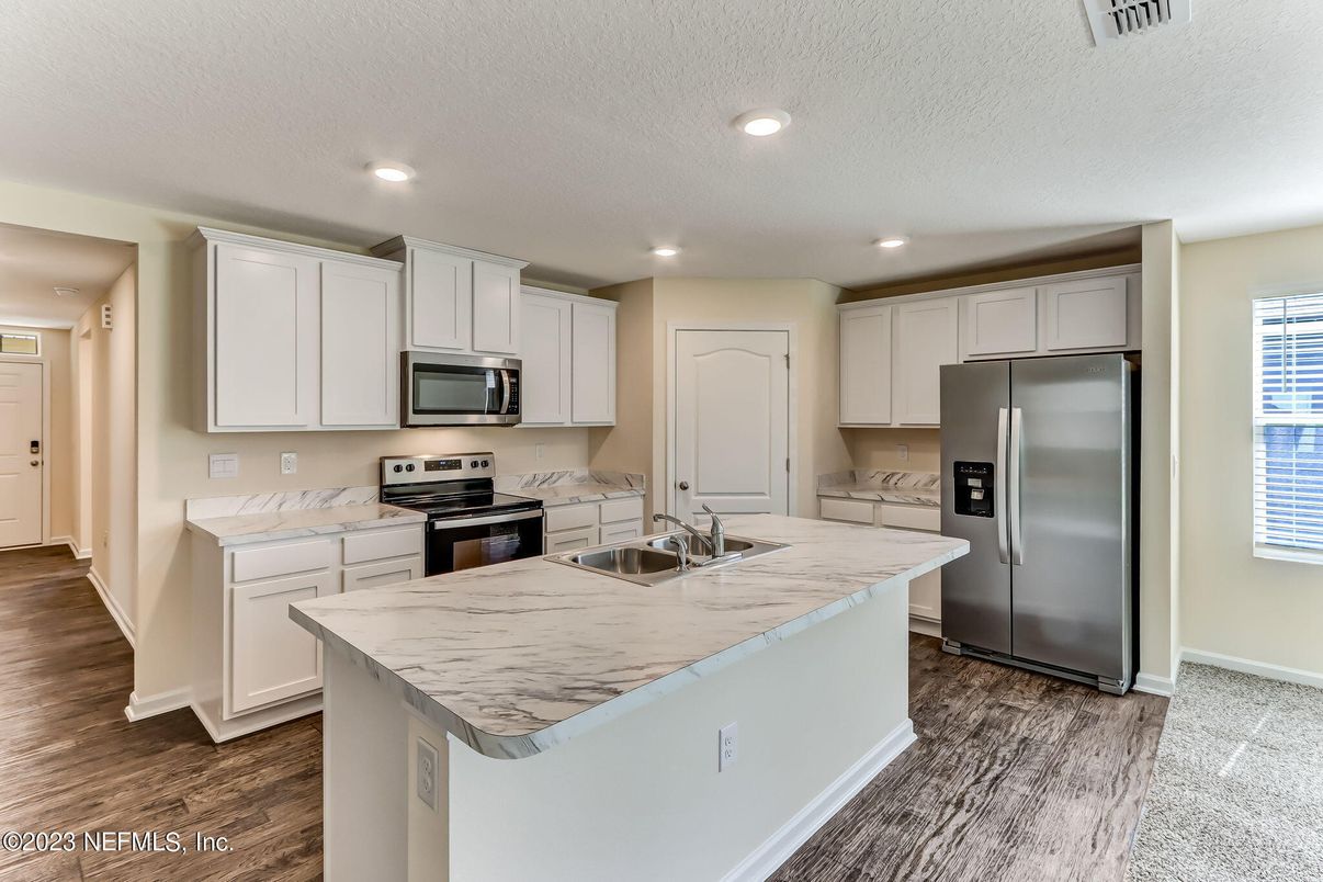 Interior, Kitchen, Recessed Lighting, Stainless Steel Appliances, Wood Texture Flooring