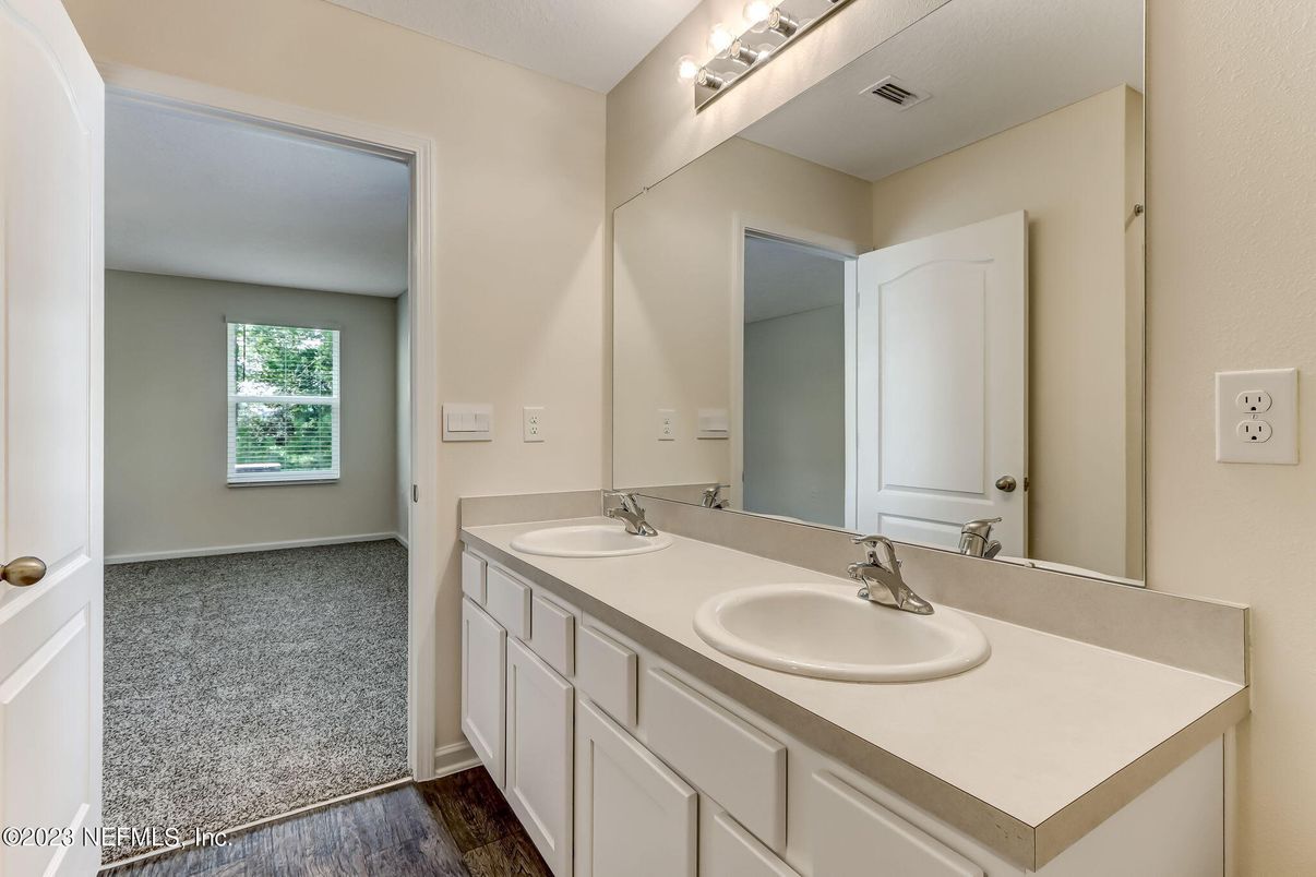 Bathroom, Dual Sink Vanities, Interior, Wood Texture Flooring