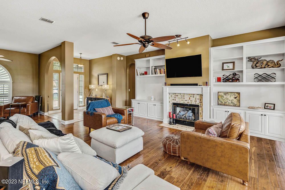 Fireplace, Interior, Living room, Pendant Lights, Wood Texture Flooring