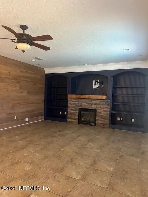 Empty room, Fireplace, Interior, Recessed Lighting, Wooden Walls