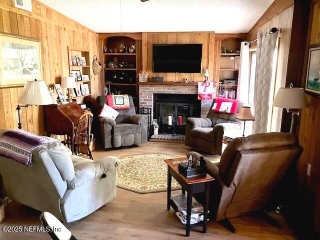 Fireplace, Interior, Living room, Wood Texture Flooring, Wooden Walls