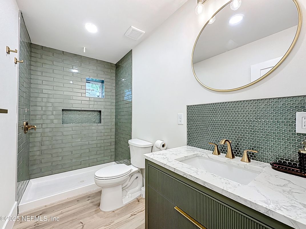 Bathroom, Interior, Recessed Lighting, Wood Texture Flooring