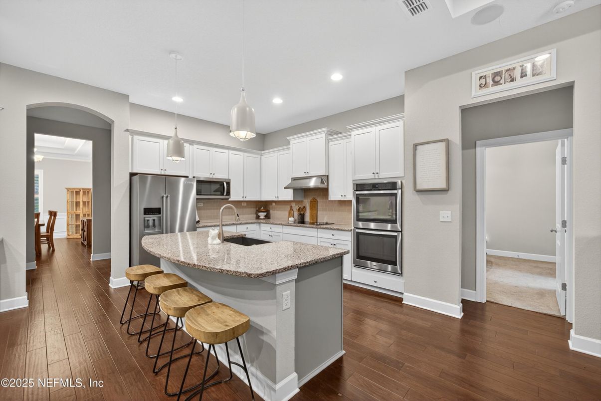Interior, Kitchen, Pendant Lights, Recessed Lighting, Stainless Steel Appliances, Wood Texture Flooring