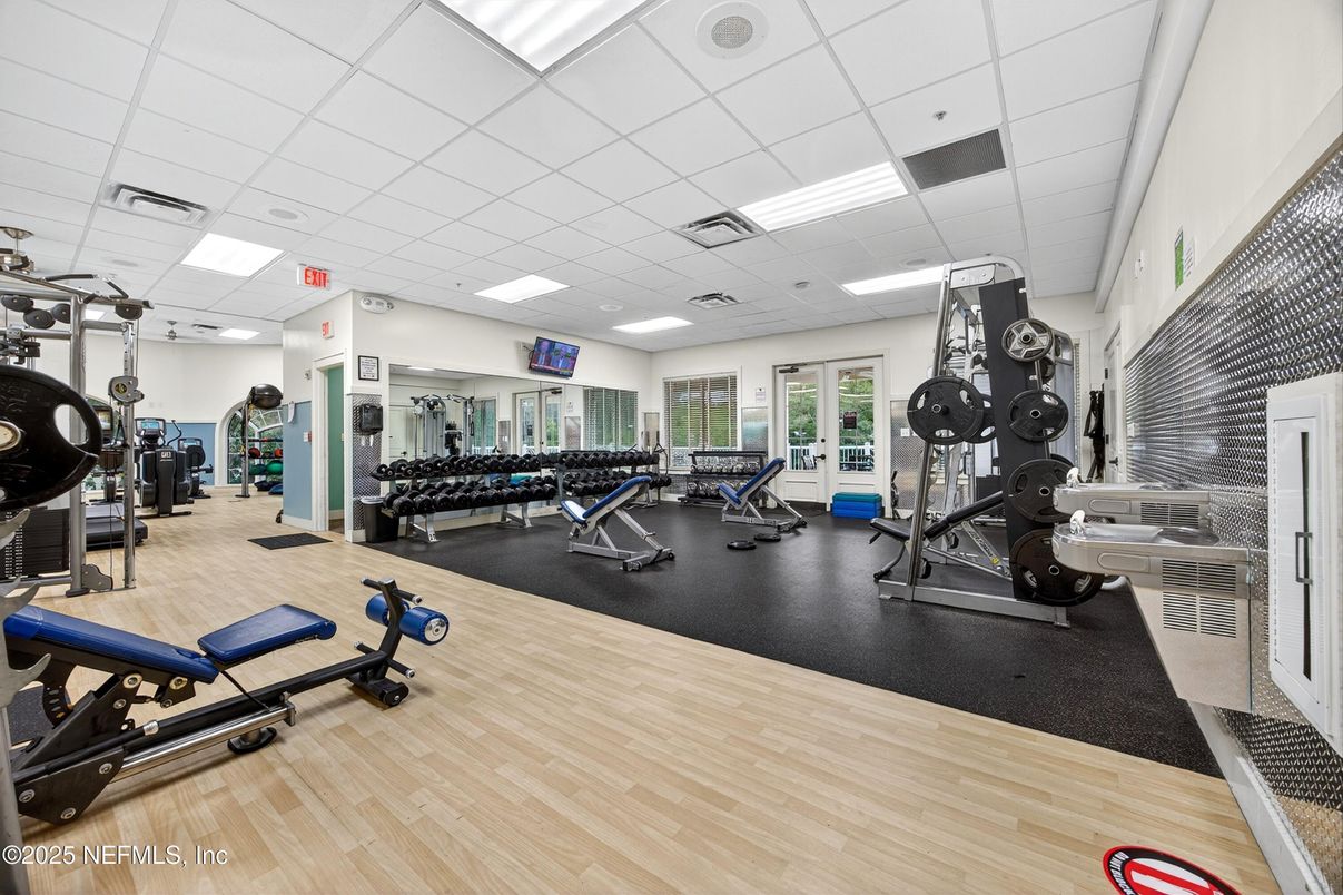 Fitness Equipment, Gym, Interior, Recessed Lighting, Wood Texture Flooring