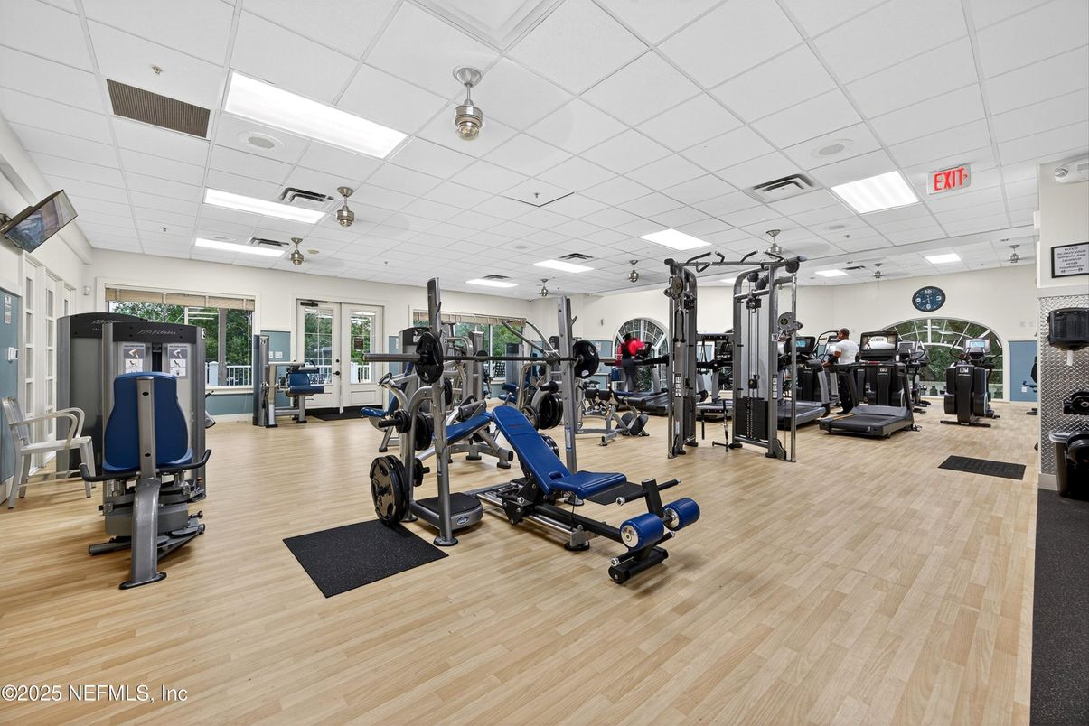 Fitness Equipment, Gym, Interior, Recessed Lighting, Wood Texture Flooring