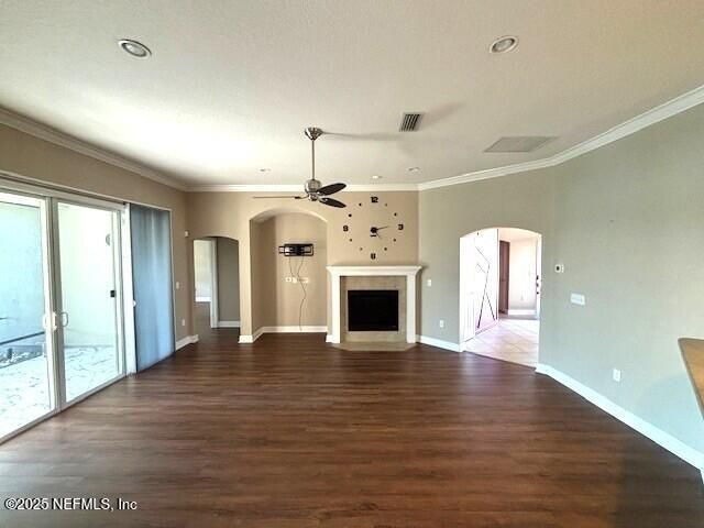 Empty room, Fireplace, Interior, Pendant Lights, Recessed Lighting, Wood Texture Flooring