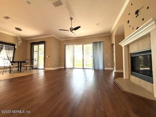 Chandelier, Dining room, Empty room, Fireplace, Interior, Recessed Lighting, Wood Texture Flooring