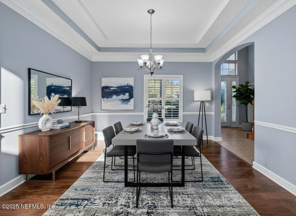 Chandelier, Dining room, Interior, Wood Texture Flooring