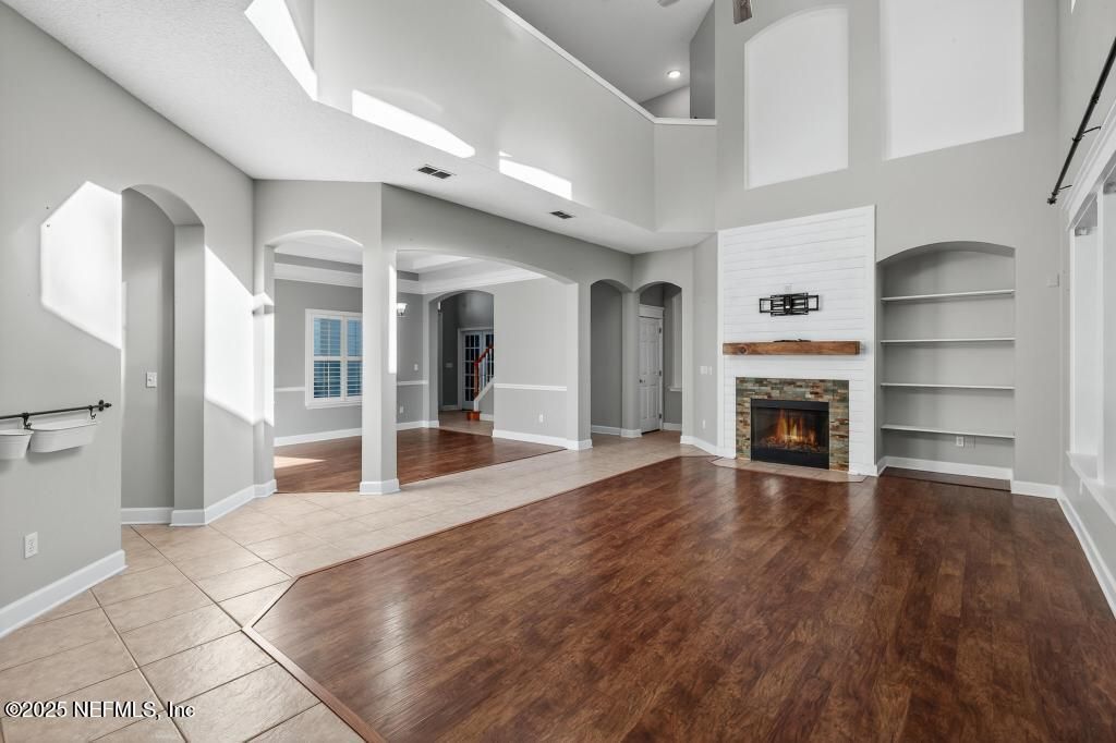 Fireplace, Interior, Recessed Lighting, Wood Texture Flooring