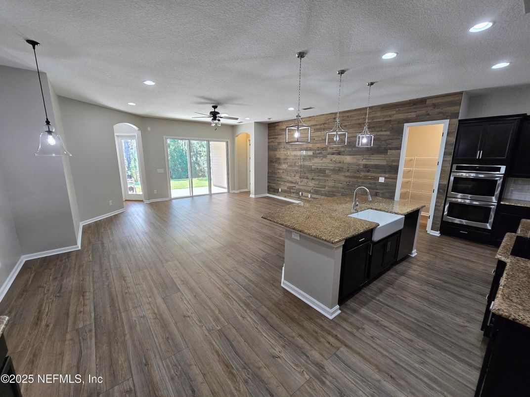 Empty room, Interior, Kitchen, Pendant Lights, Recessed Lighting, Wood Texture Flooring