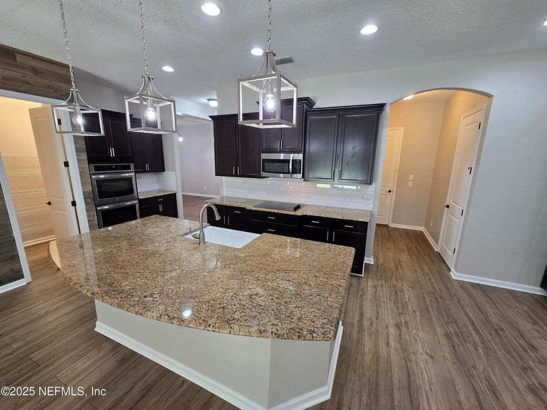 Interior, Kitchen, Pendant Lights, Recessed Lighting, Stainless Steel Appliances, Wood Texture Flooring