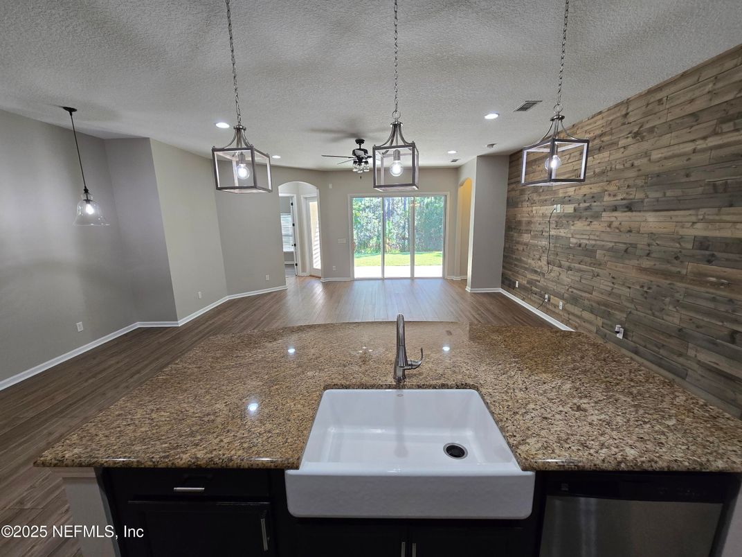 Empty room, Interior, Pendant Lights, Recessed Lighting, Wood Texture Flooring, Wooden Walls
