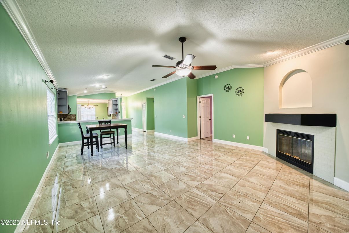 Dining room, Fireplace, Interior, Recessed Lighting