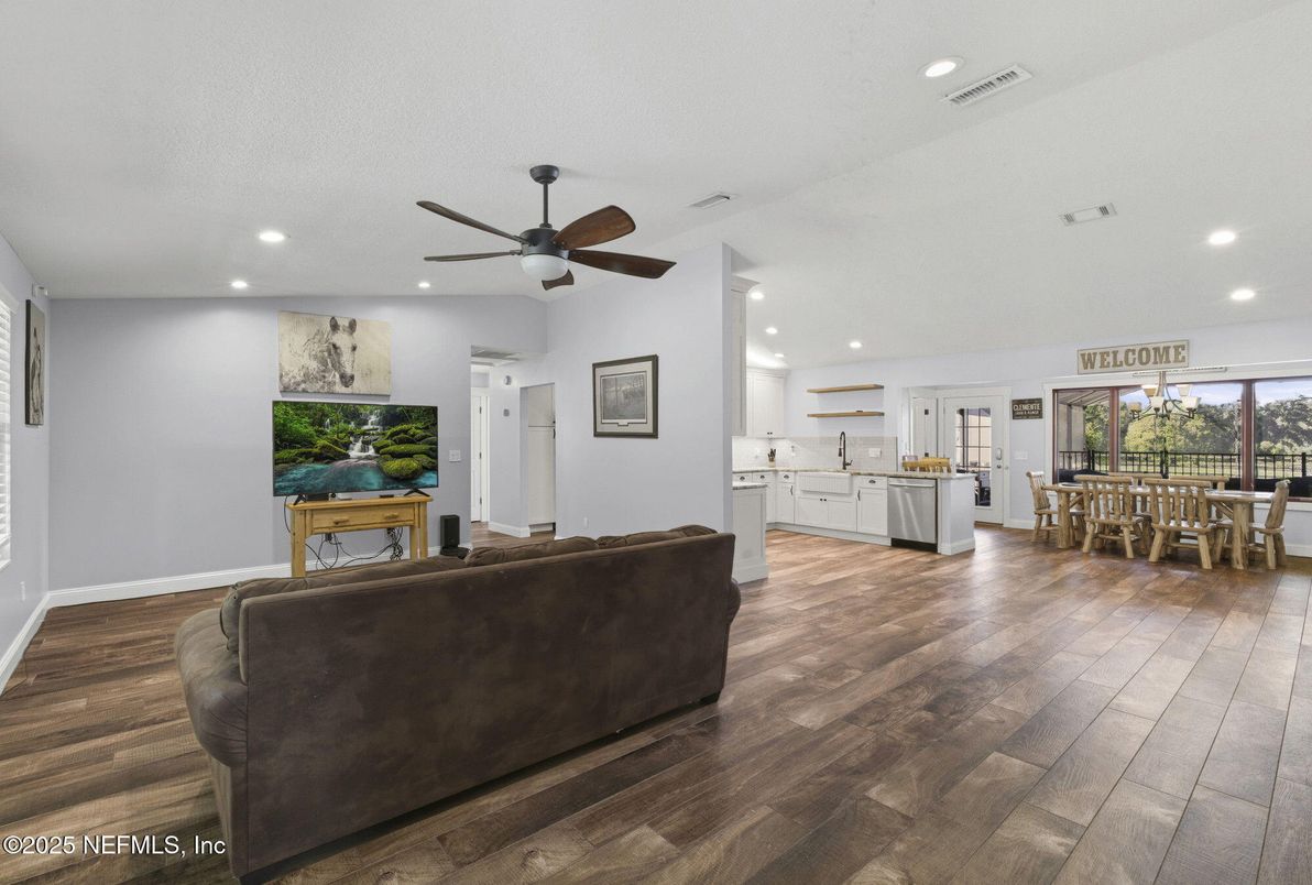 Dining room, Interior, Kitchen, Living room, Recessed Lighting, Wood Texture Flooring