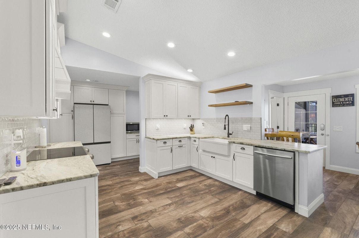 Interior, Kitchen, Recessed Lighting, Stainless Steel Appliances, Wood Texture Flooring