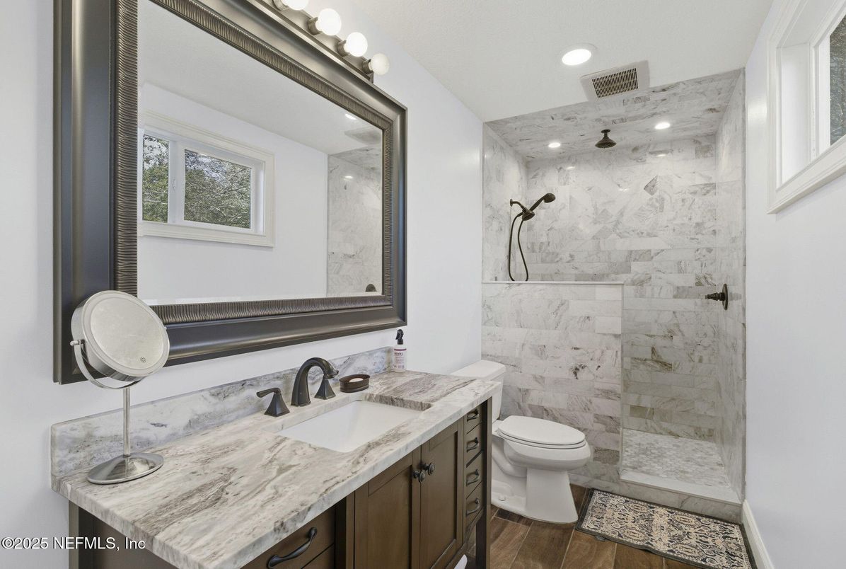 Bathroom, Glass Shower, Interior, Marble Walls, Recessed Lighting, Wood Texture Flooring