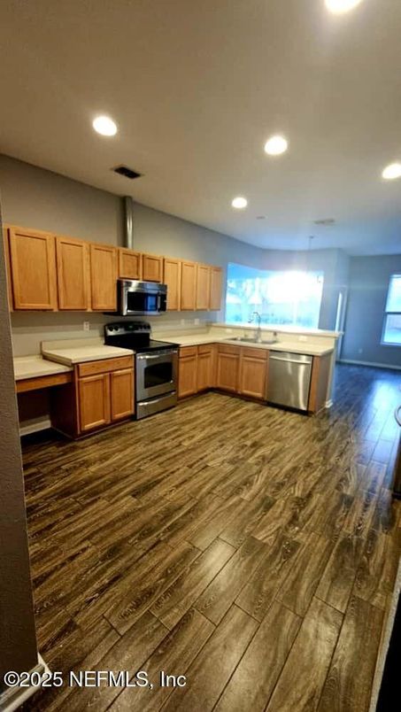 Interior, Kitchen, Recessed Lighting, Stainless Steel Appliances, Wood Texture Flooring