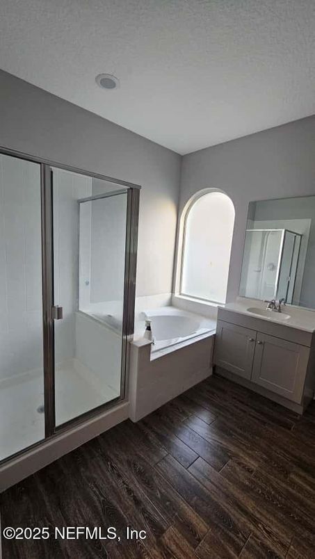 Bathroom, Glass Shower, Interior, Recessed Lighting, Wood Texture Flooring