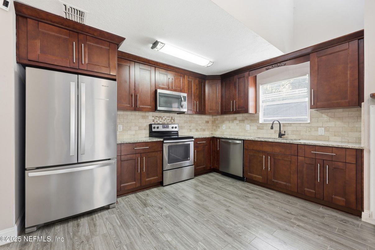 Interior, Kitchen, Stainless Steel Appliances, Wood Texture Flooring