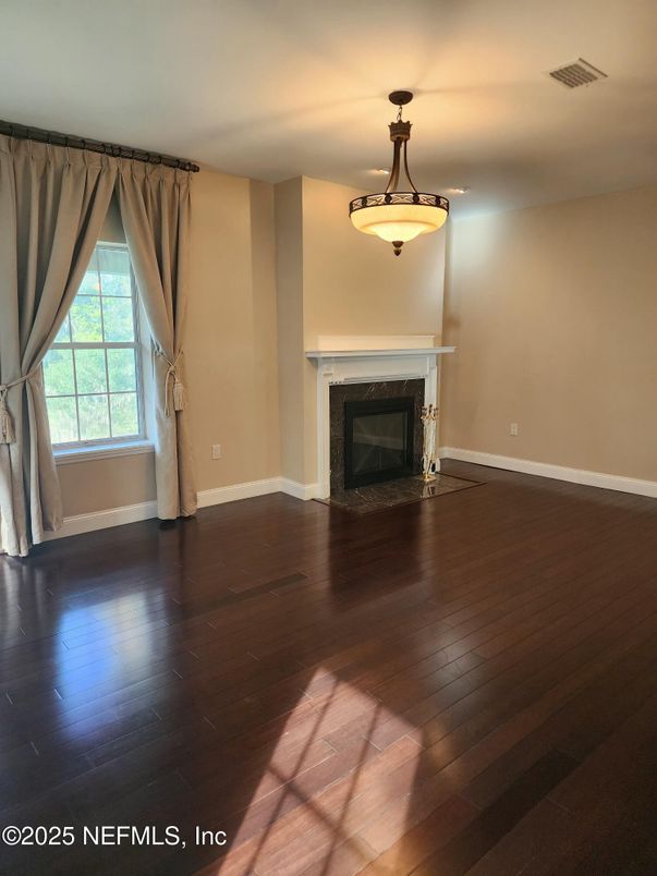 Empty room, Fireplace, Interior, Pendant Lights, Wood Texture Flooring