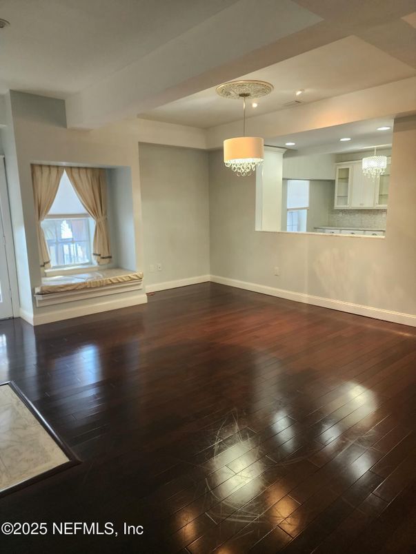 Chandelier, Empty room, Interior, Pendant Lights, Recessed Lighting, Wood Texture Flooring