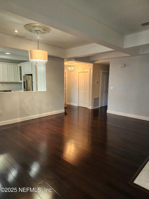 Chandelier, Empty room, Interior, Kitchen, Recessed Lighting, Wood Texture Flooring
