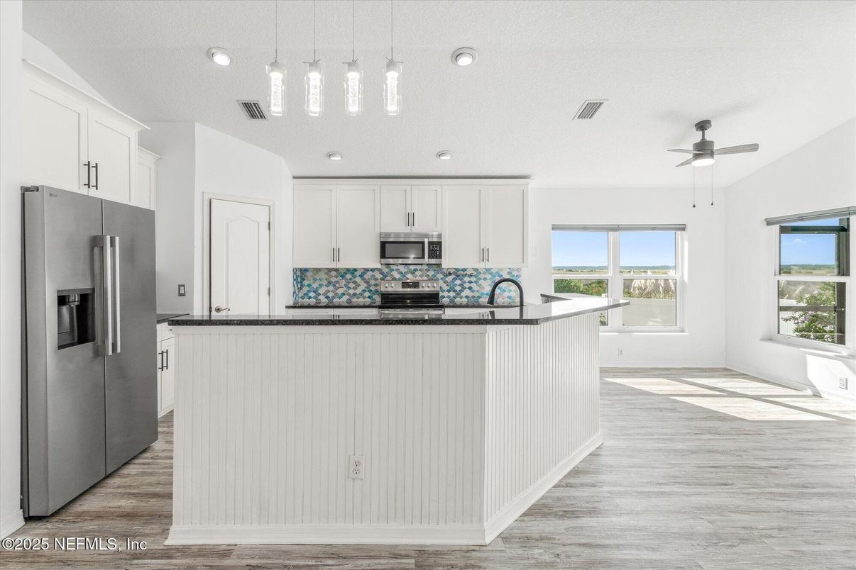 Interior, Kitchen, Pendant Lights, Recessed Lighting, Stainless Steel Appliances, Wood Texture Flooring