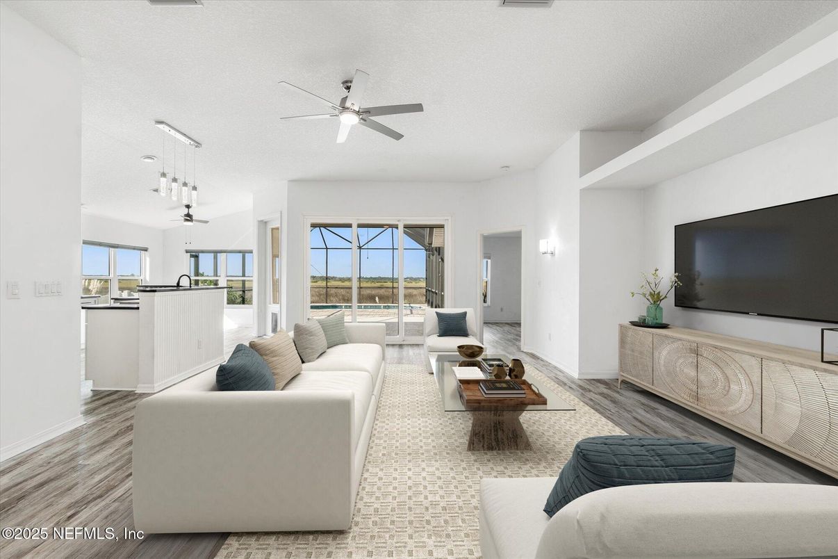 Interior, Kitchen, Living room, Pendant Lights, Water, Wood Texture Flooring