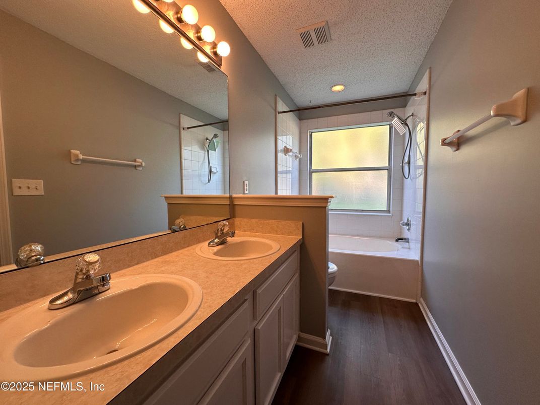 Bathroom, Dual Sink Vanities, Interior, Recessed Lighting, Wood Texture Flooring