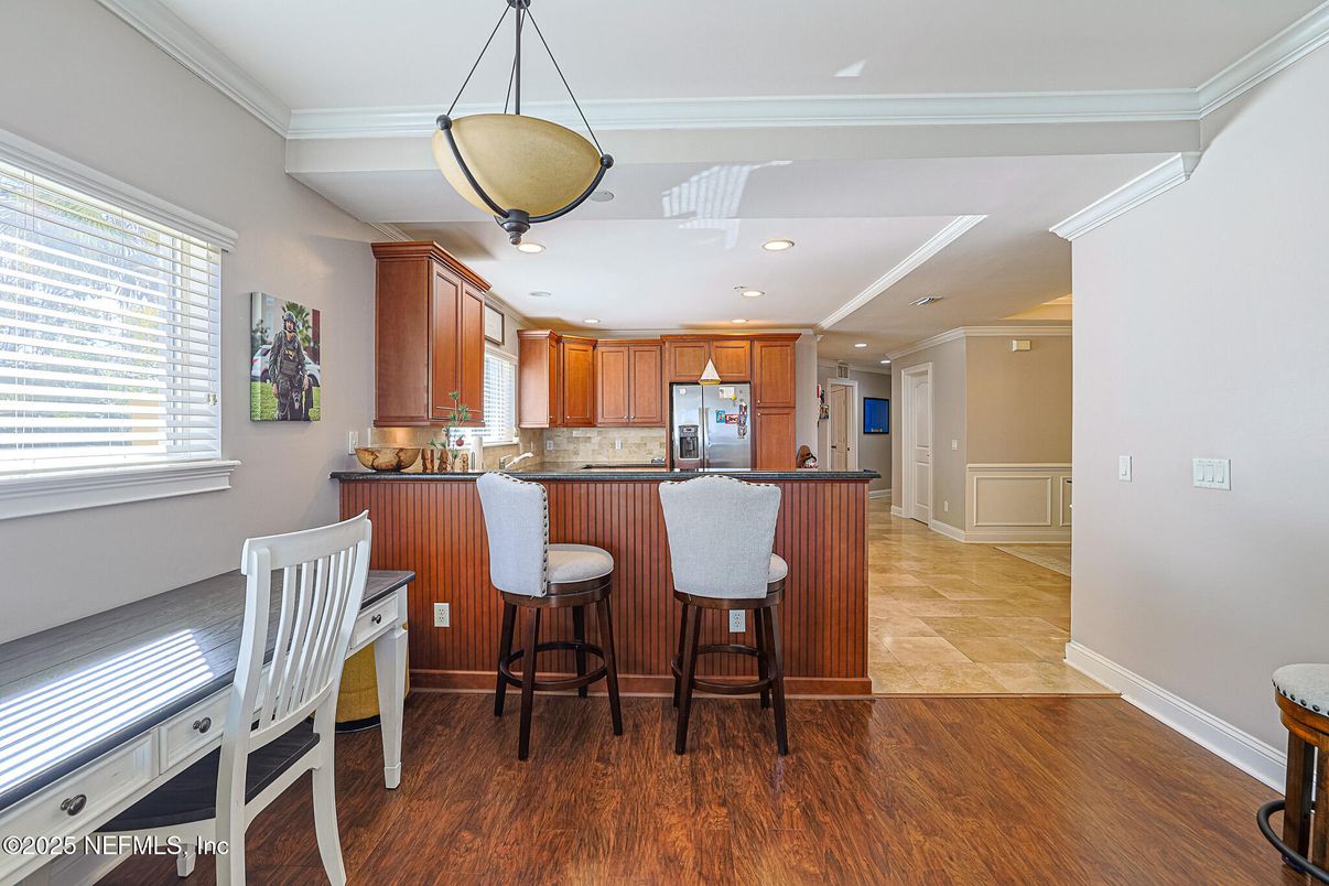 Interior, Kitchen, Pendant Lights, Recessed Lighting, Wood Texture Flooring