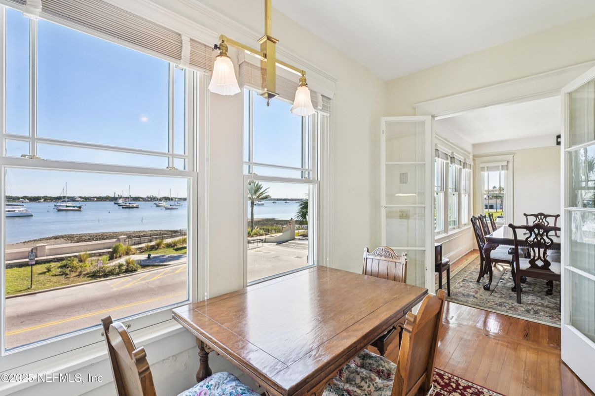 Dining room, Interior, Pendant Lights, Water, Wood Texture Flooring