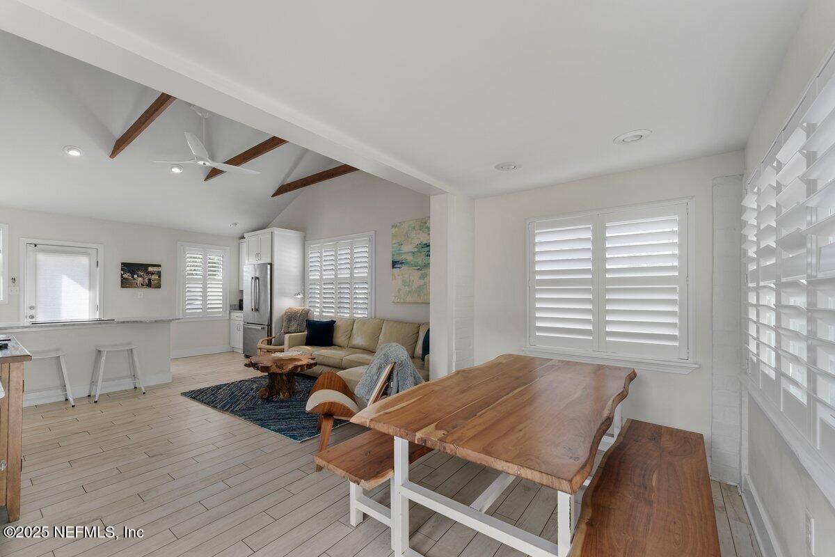 Dining room, Interior, Living room, Recessed Lighting, Wooden Beams, Wood Texture Flooring