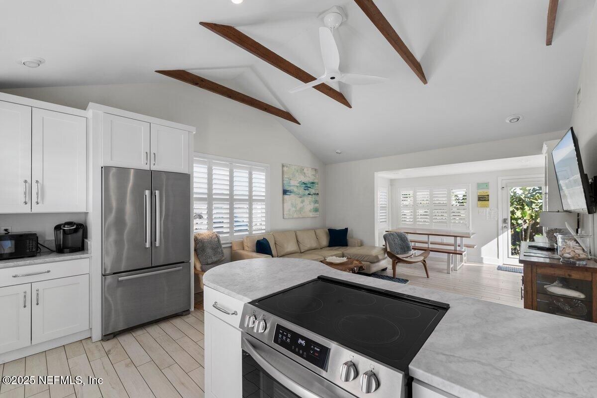 Interior, Kitchen, Living room, Recessed Lighting, Stainless Steel Appliances, Wooden Beams, Wood Texture Flooring