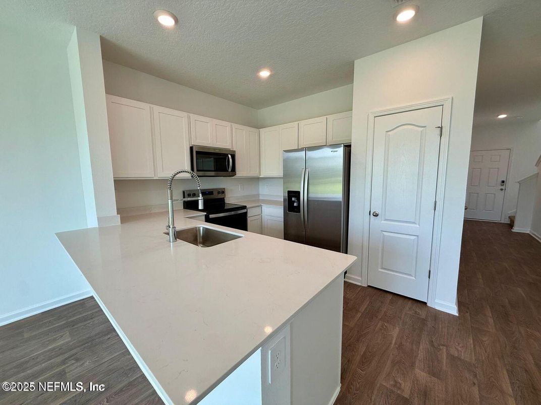 Interior, Kitchen, Recessed Lighting, Stainless Steel Appliances, Wood Texture Flooring