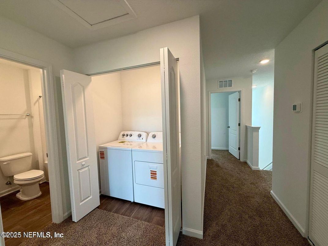 Bathroom, Interior, Recessed Lighting, Utility Closets, Washer, Wood Texture Flooring