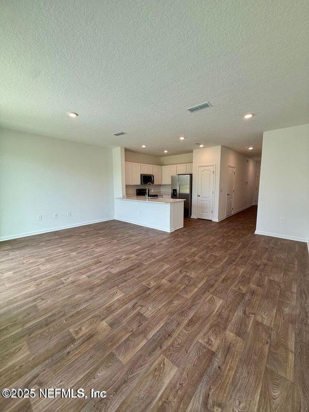 Empty room, Interior, Kitchen, Recessed Lighting, Wood Texture Flooring