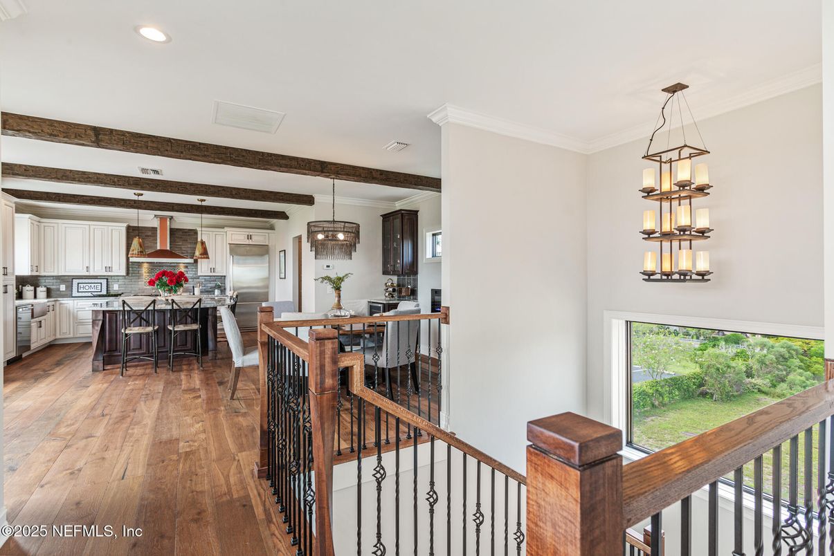Chandelier, Dining room, Interior, Kitchen, Pendant Lights, Recessed Lighting, Stainless Steel Appliances, Wooden Beams, Wood Texture Flooring